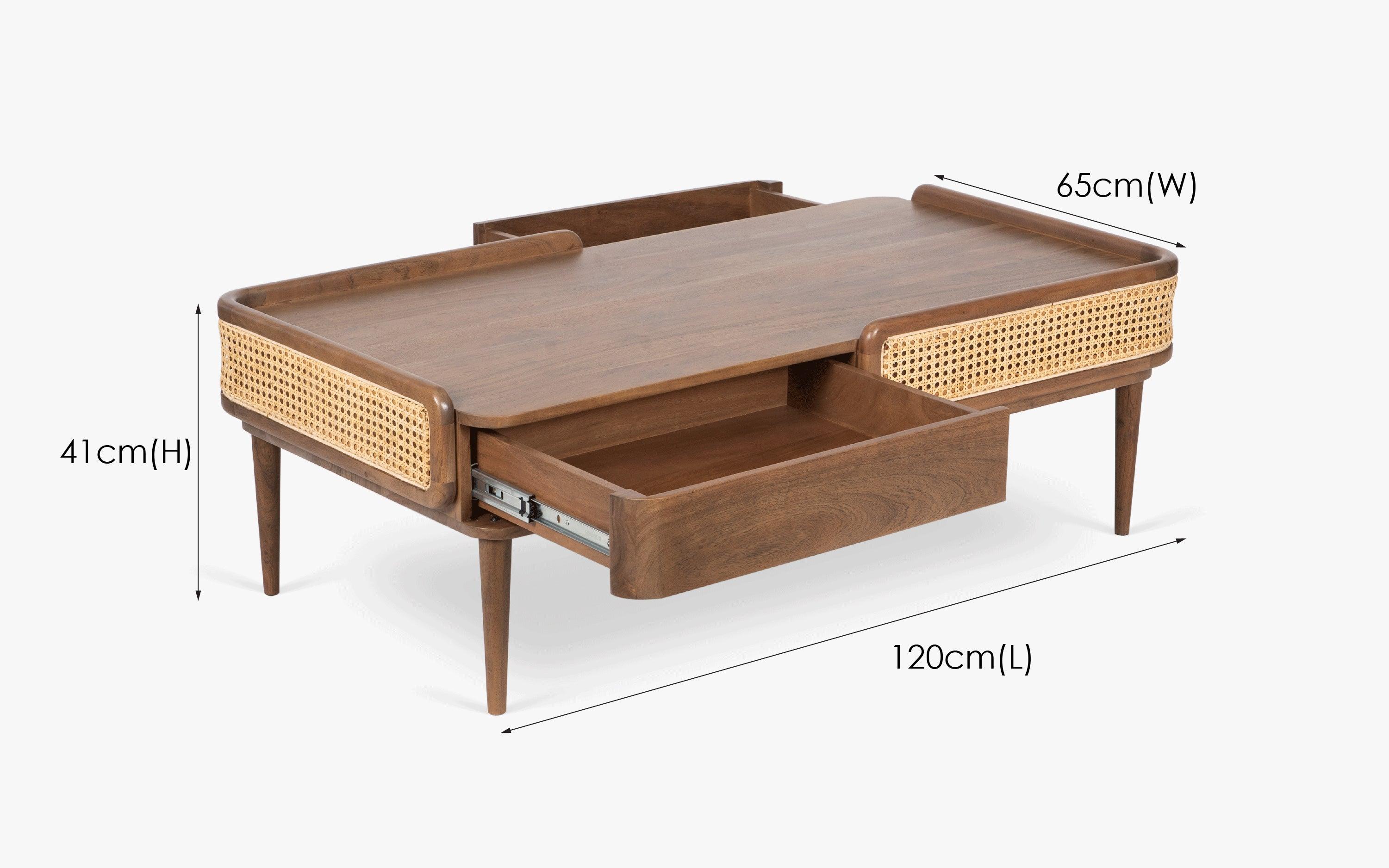 Neo Kyoto Coffee Table with acacia wood, cane detailing, and a walnut finish. A modern wooden coffee table with storage, perfect for stylish living spaces.