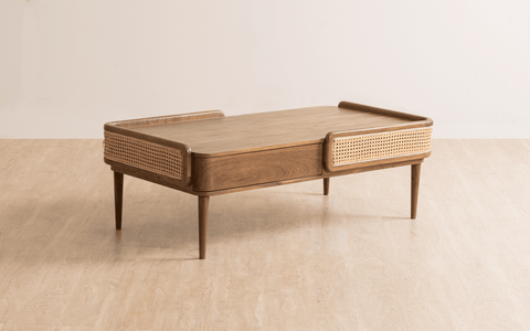 Neo Kyoto Coffee Table with acacia wood, cane detailing, and a walnut finish. A modern wooden coffee table with storage, perfect for stylish living spaces.