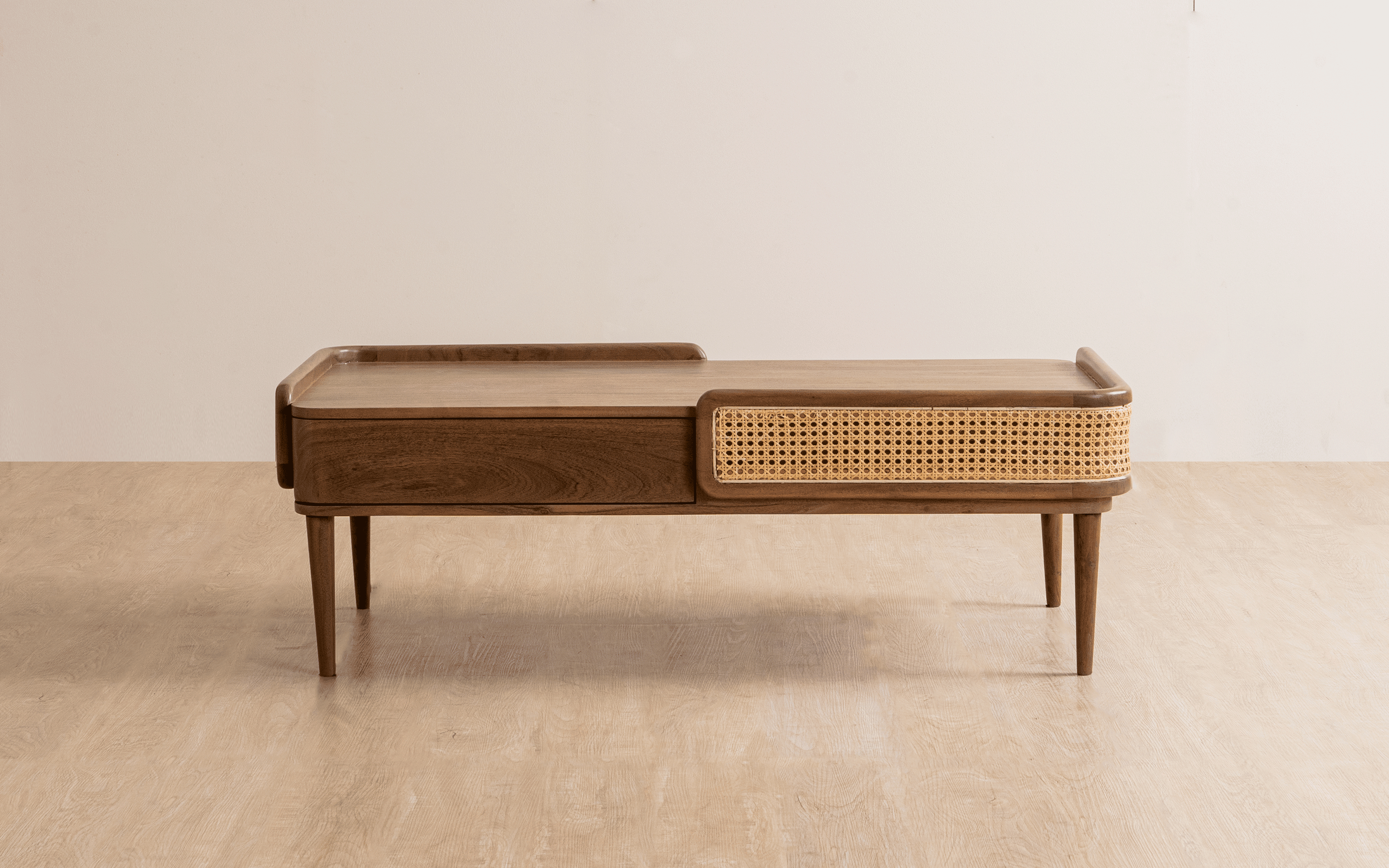 Neo Kyoto Coffee Table with acacia wood, cane detailing, and a walnut finish. A modern wooden coffee table with storage, perfect for stylish living spaces.