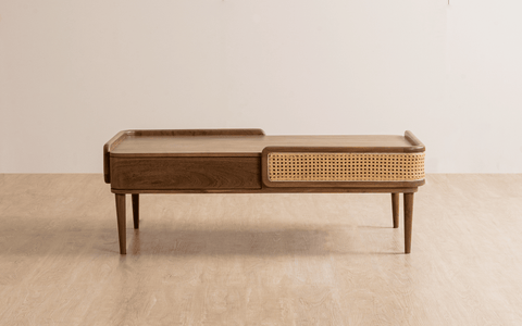 Neo Kyoto Coffee Table with acacia wood, cane detailing, and a walnut finish. A modern wooden coffee table with storage, perfect for stylish living spaces.