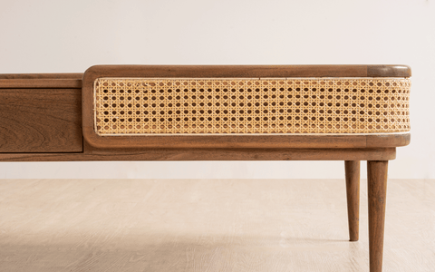 Neo Kyoto Coffee Table with acacia wood, cane detailing, and a walnut finish. A modern wooden coffee table with storage, perfect for stylish living spaces.