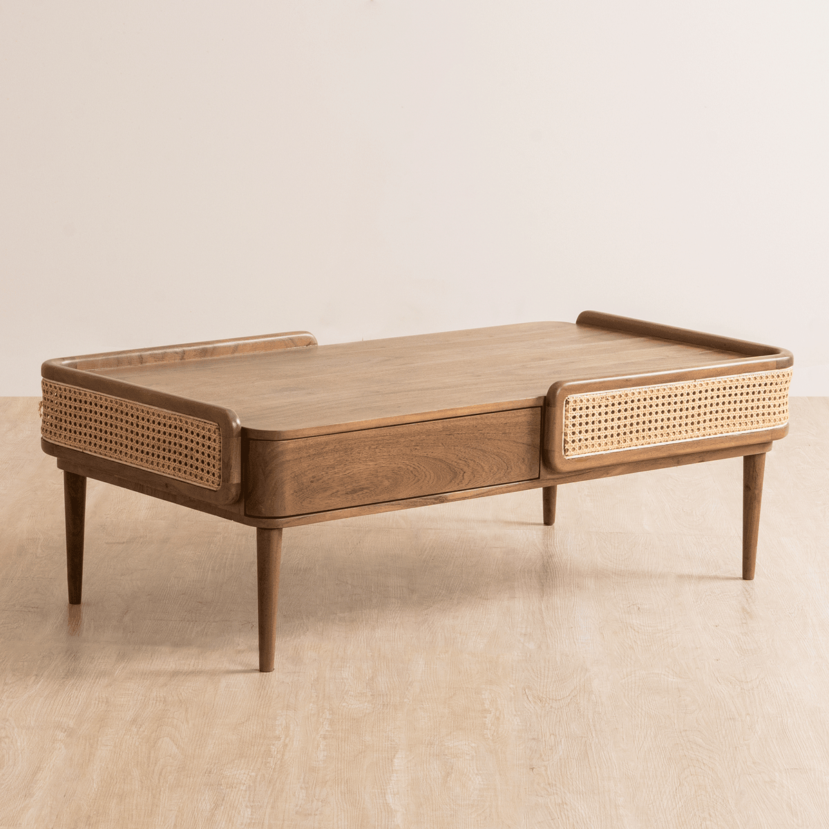 Neo Kyoto Coffee Table with acacia wood, cane detailing, and a walnut finish. A modern wooden coffee table with storage, perfect for stylish living spaces.