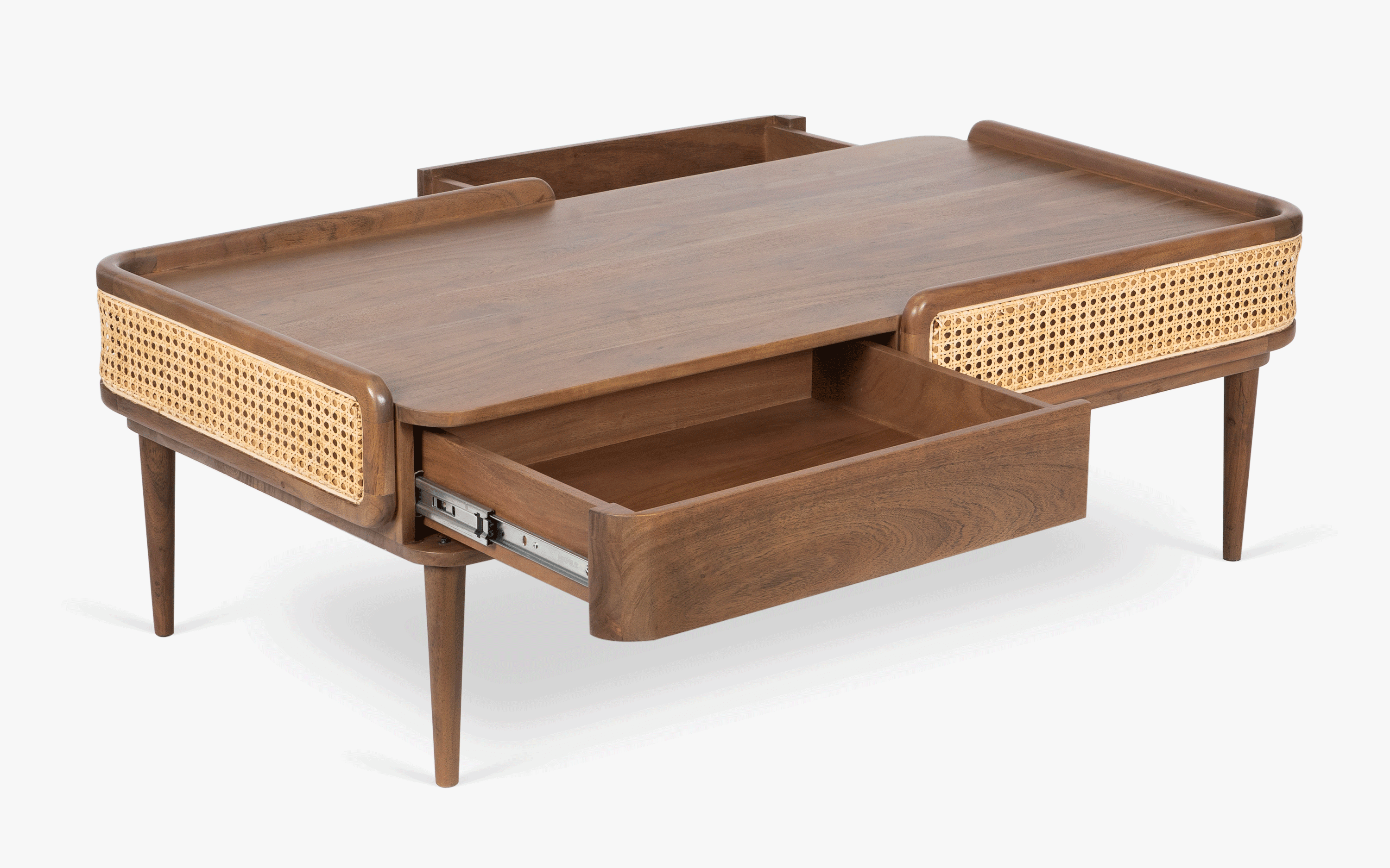 Neo Kyoto Coffee Table with acacia wood, cane detailing, and a walnut finish. A modern wooden coffee table with storage, perfect for stylish living spaces.