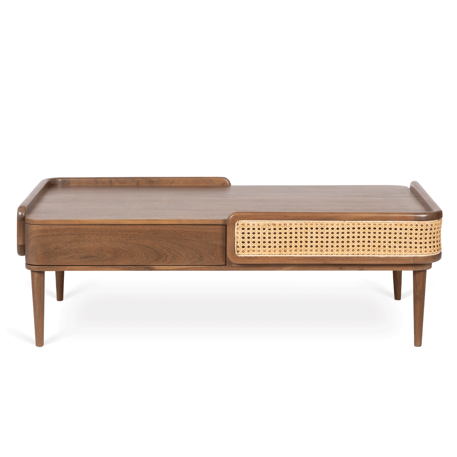 Neo Kyoto Coffee Table with acacia wood, cane detailing, and a walnut finish. A modern wooden coffee table with storage, perfect for stylish living spaces.