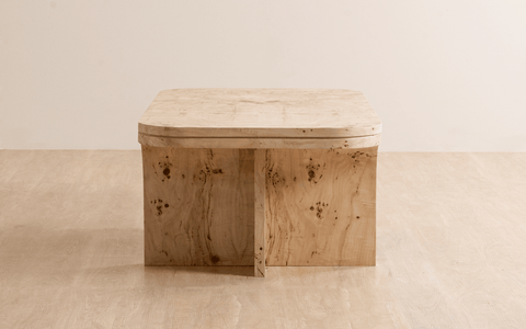 Nouve Coffee Table with Burl Veneer finish, featuring architectural curves and luxe surfaces. A modern and opulent wooden coffee table for living rooms.