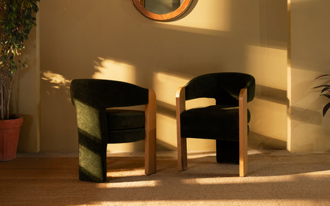 Nouve dining chair with oak wood natural finish and green upholstered seat, ideal for kitchen chair or dining chair.