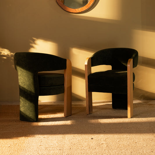 Nouve dining chair with oak wood natural finish and green upholstered seat, ideal for kitchen chair or dining chair.