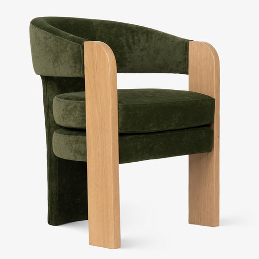 Nouve dining chair with oak wood natural finish and green upholstered seat, ideal for kitchen chair or dining chair.