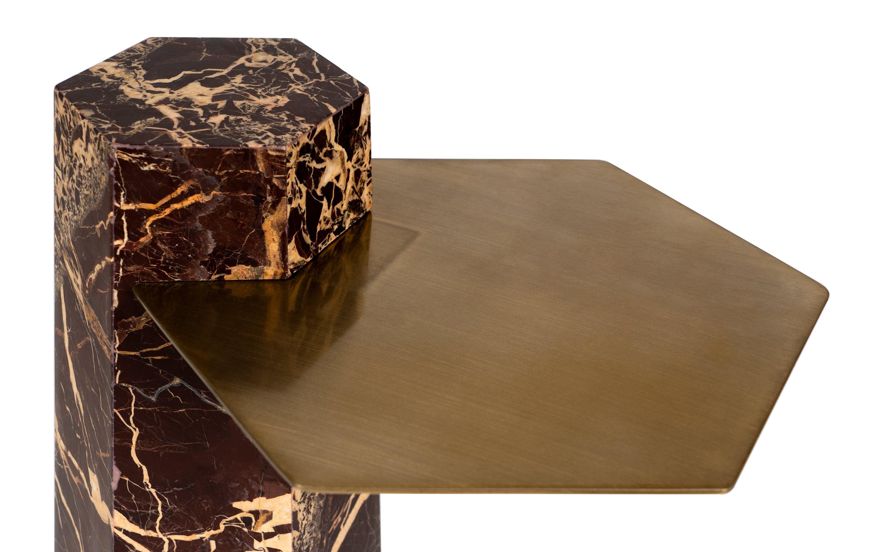 Rico Side Table. Bedside Table in Red Cherry Marble and Satin Brass Finish.