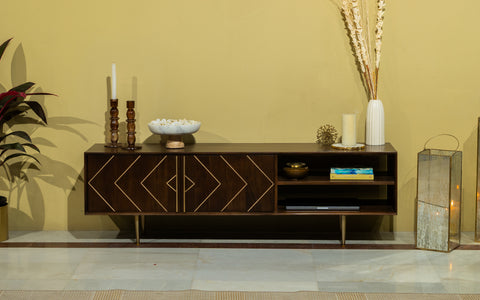 Toshi Gold TV Unit in Oak Wood with storage compartments and sleek design, perfect for modern living room spaces.