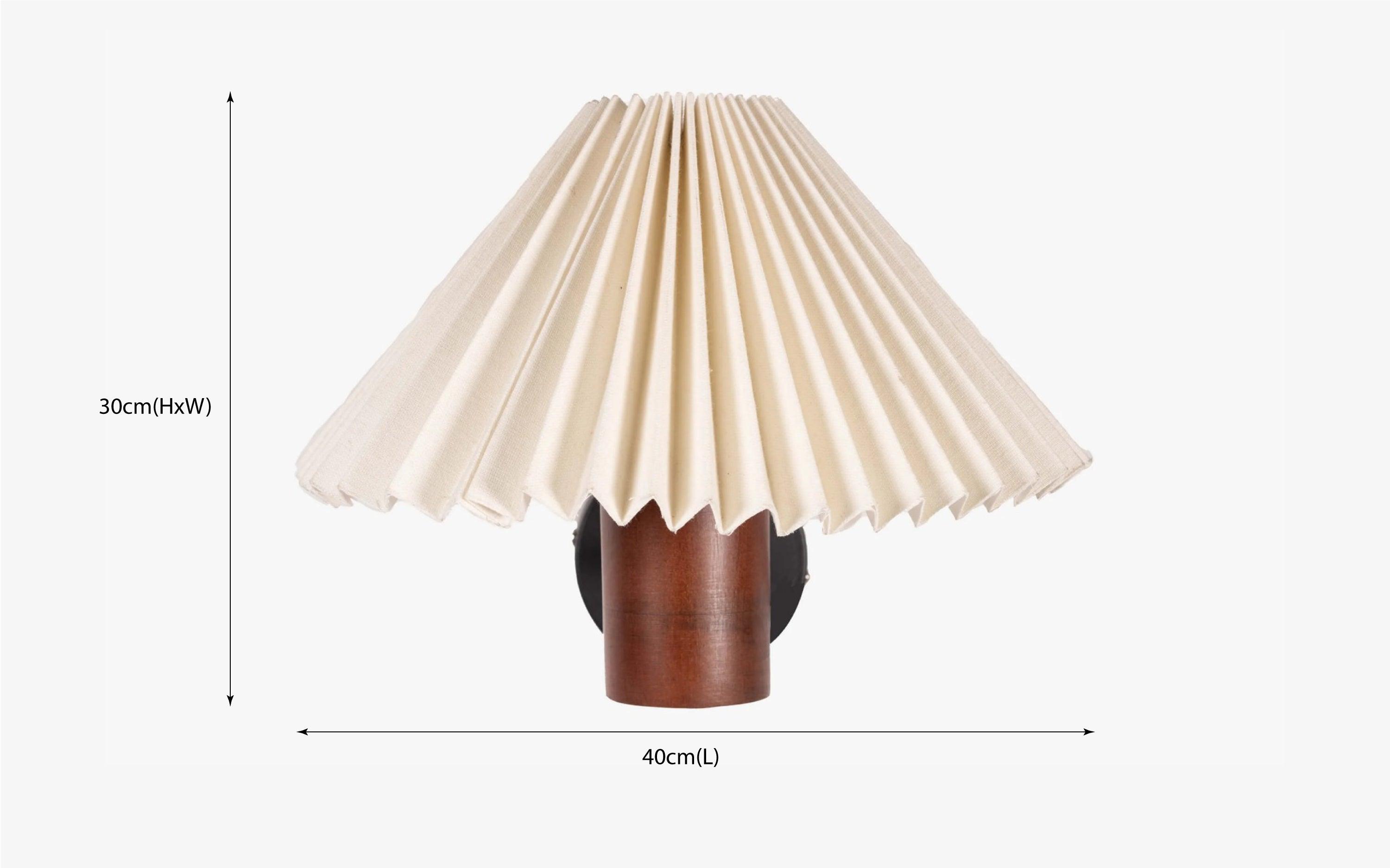 White pleated shade wall lamp with a natural wooden cylindrical base in walnut finish, perfect as a bedside wall lamp or decorative wall sconce for minimalist and vintage interiors.