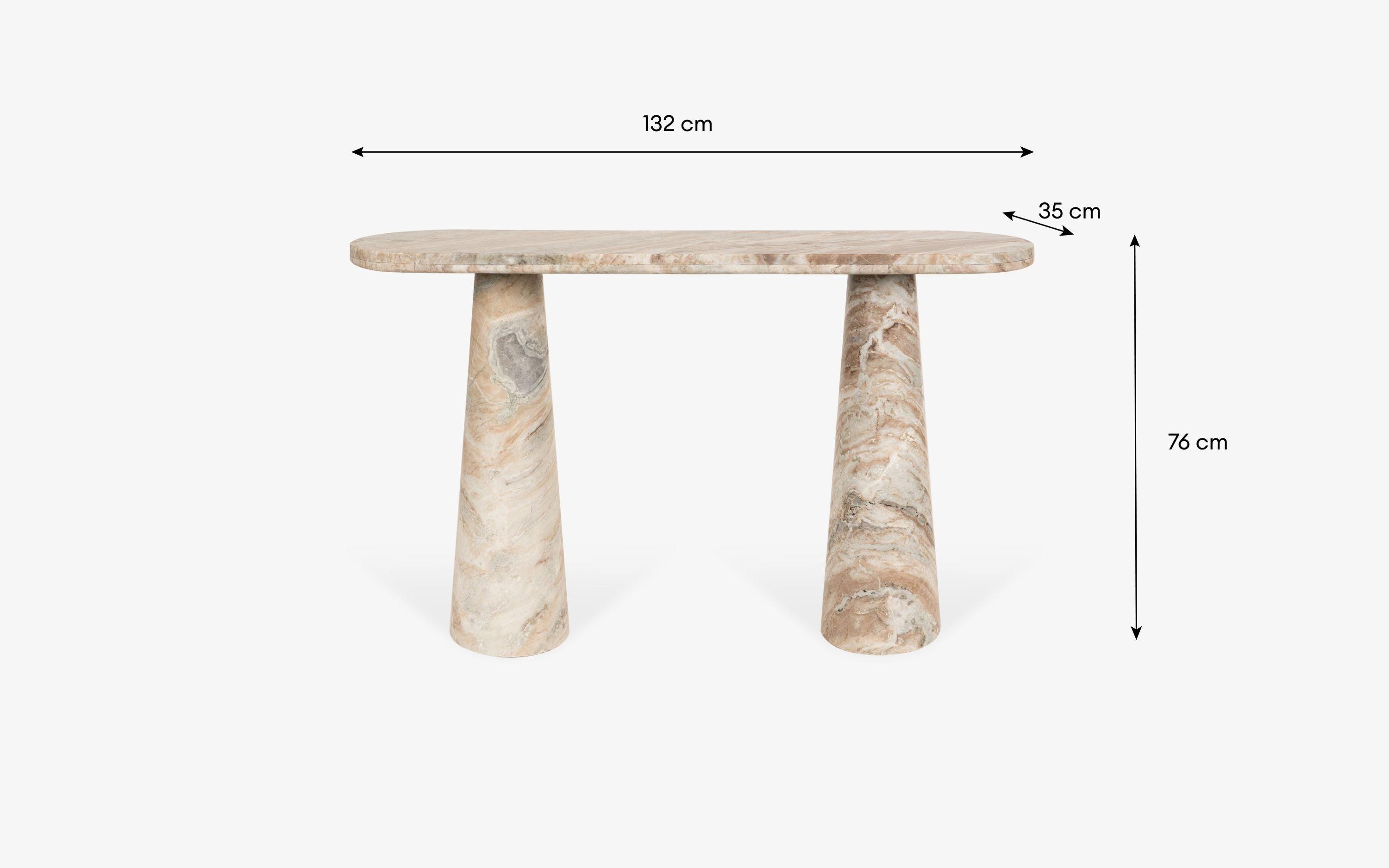 Hump Console Table made from Toronto Marble with a natural finish, featuring a pill-shaped top and tapering conical legs. Luxury marble top console table.