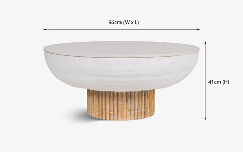 Kaba Coffee Table with Banswara marble top, whitewashed wood, and textured POP finish. A unique coffee table design perfect for modern living spaces.