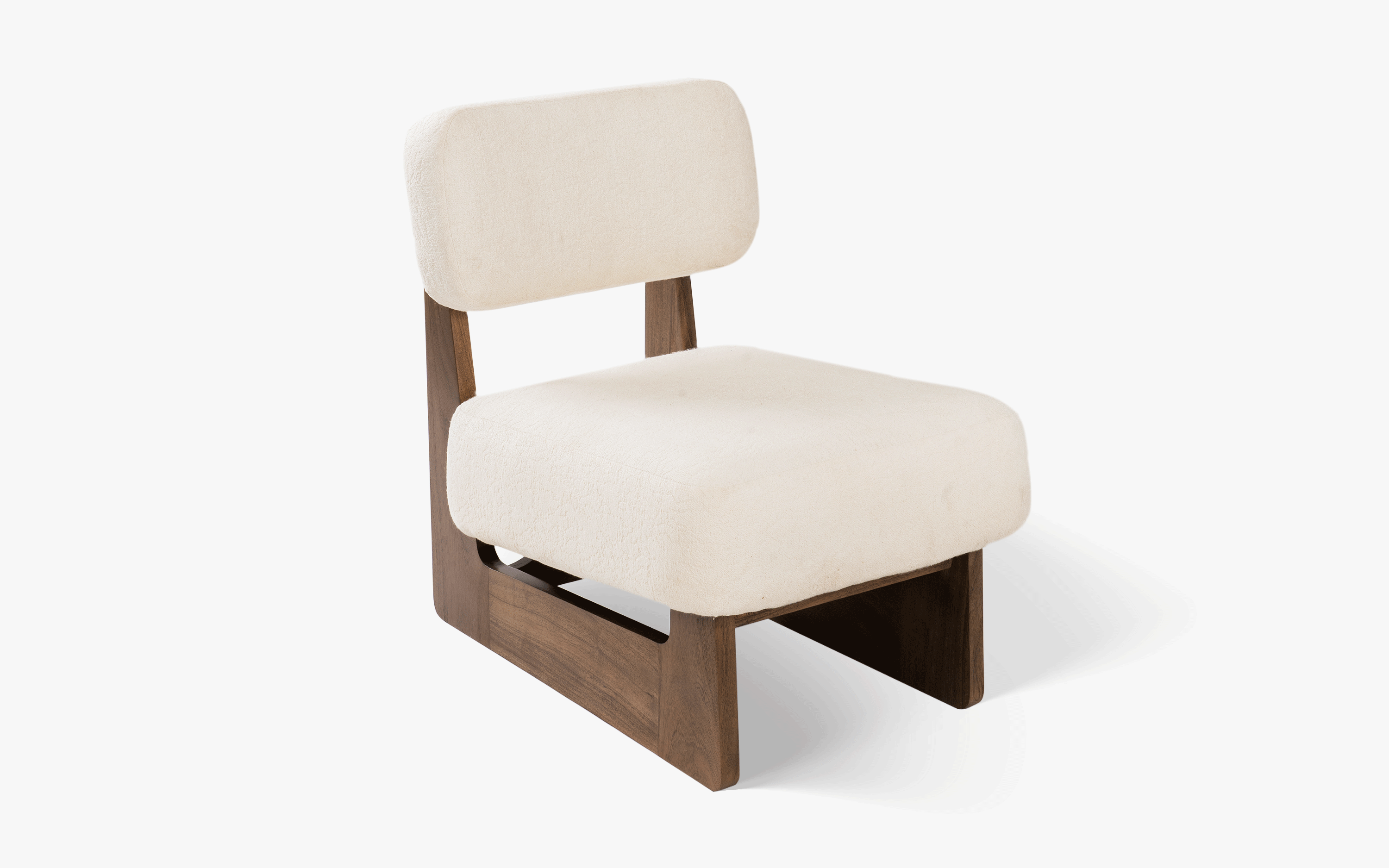 Kino Wooden Lounge Chair with Boucle Fabric and Walnut Finish - with white background - Orange Tree